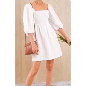 Tuckernuck Annie Smocked Linen Mini Dress XS White Ivory Square Neck Preppy